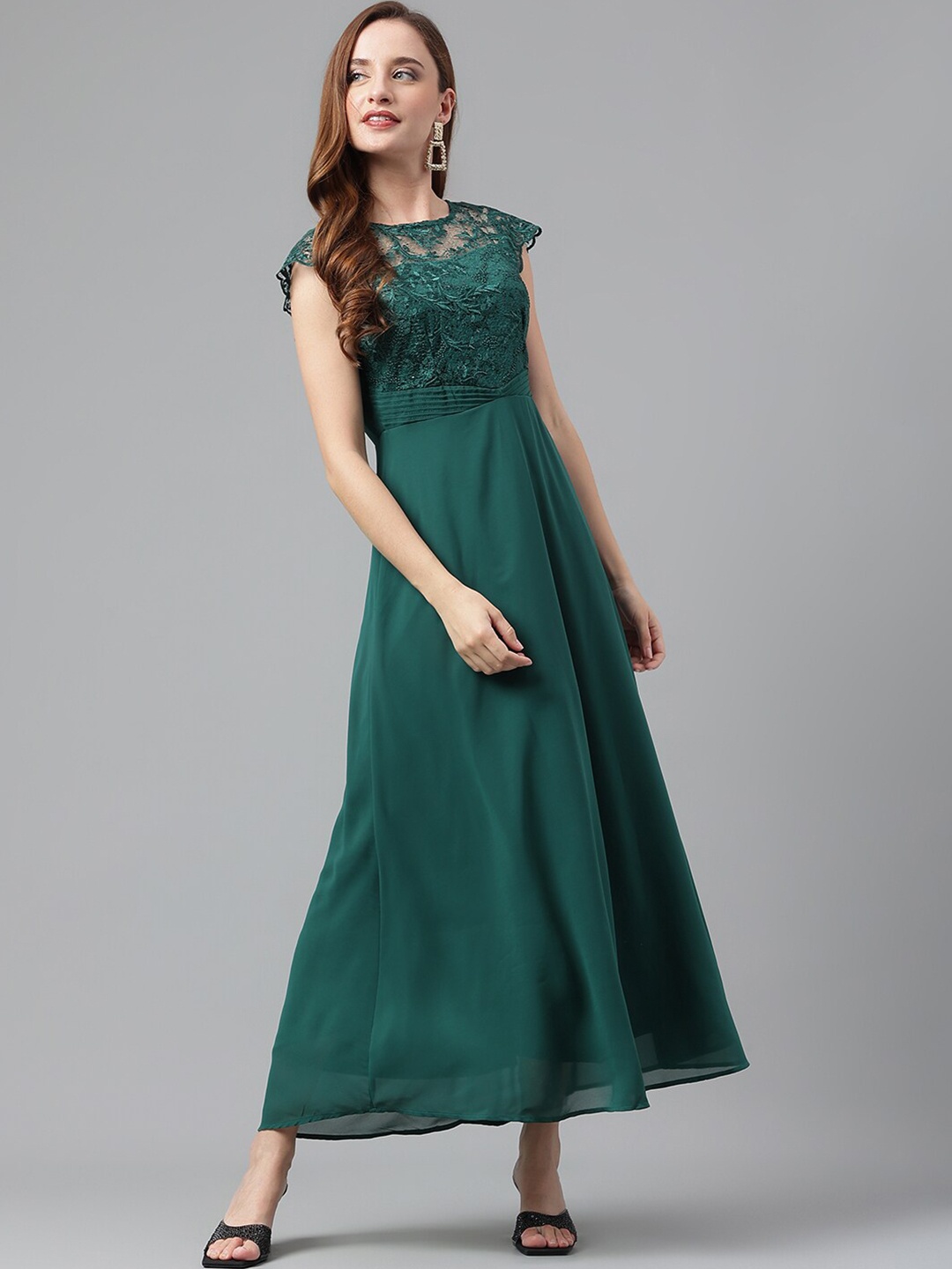 Latin Quarters Self Design Sequined A-Line Dress, Green