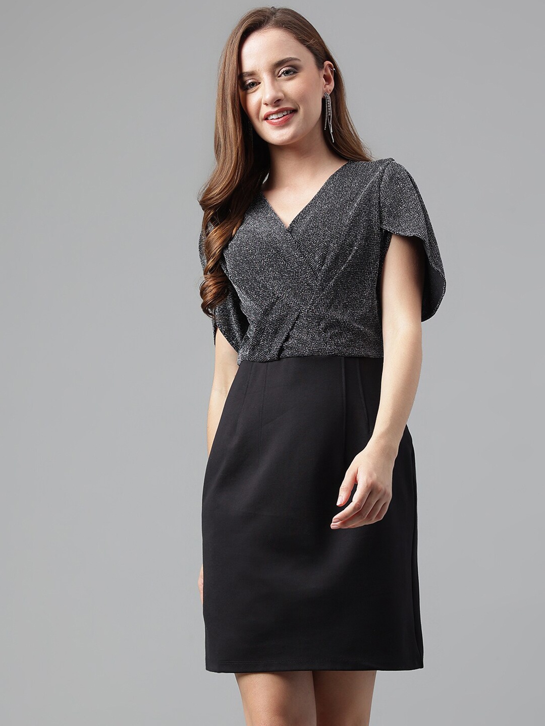 Latin Quarters Self Design V-Neck Sheath Dress, Black