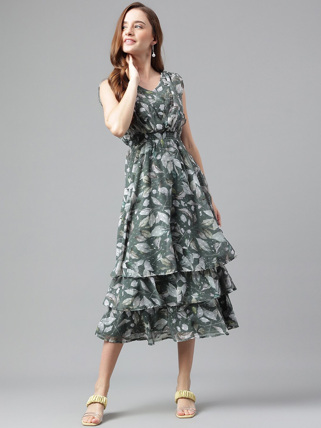 

Latin Quarters Floral Printed Layered Fit & Flare Midi Dress, Green