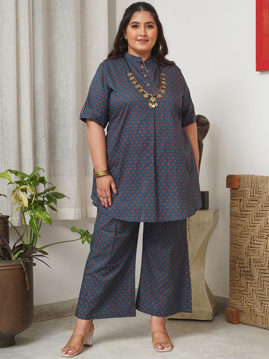 

NANGALIA RUCHIRA Plus Size Printed Pure Cotton Tunic With Trousers, Blue