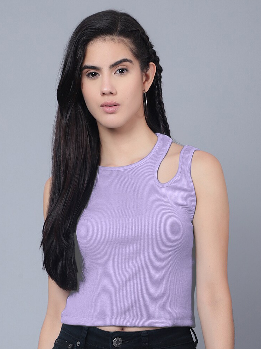 

Boleem Round Neck Shoulder Straps Cut-Out Fitted Cotton Crop Top, Lavender