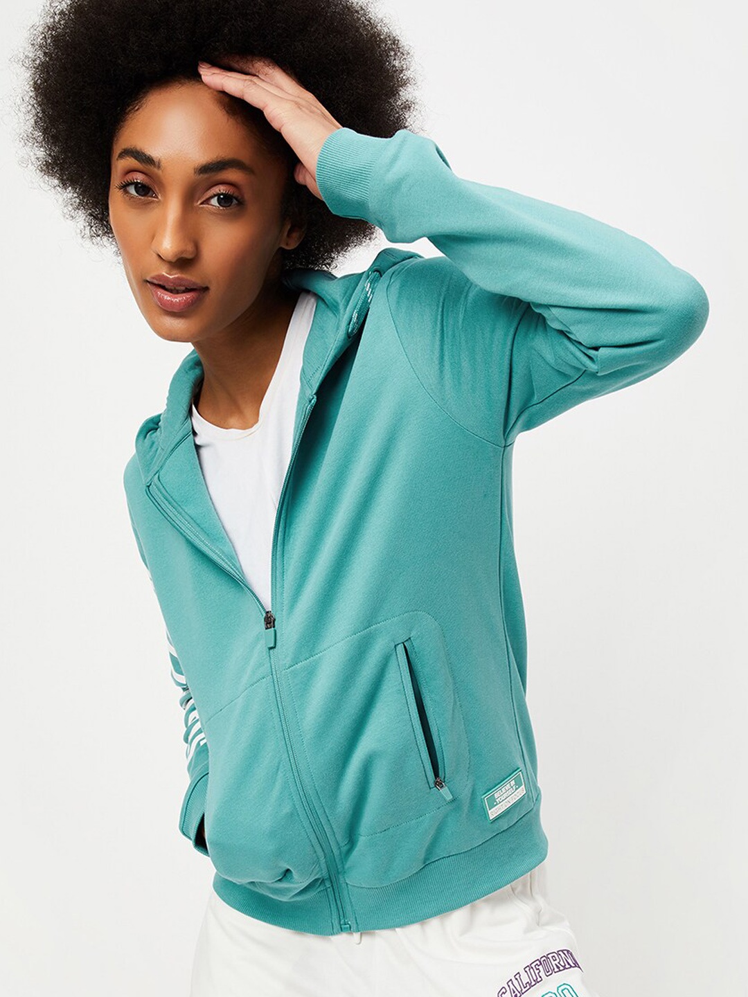 

max Hooded Printed Cotton Sporty Jacket, Green