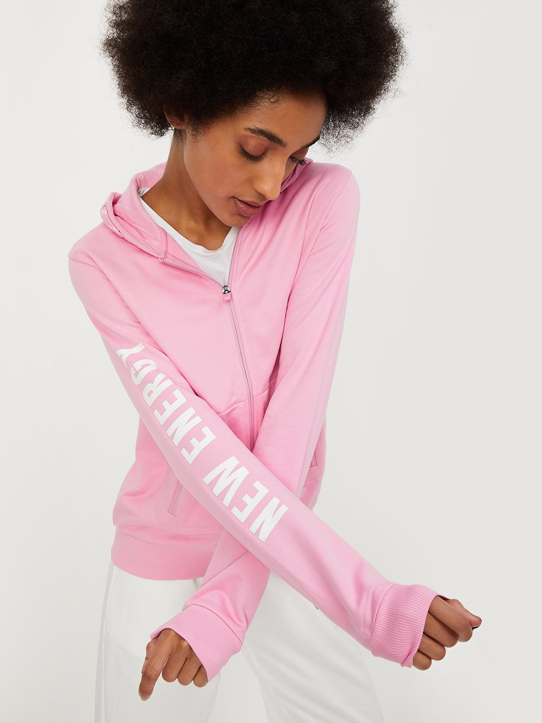 max Hooded Printed Cotton Sporty Jacket, Pink