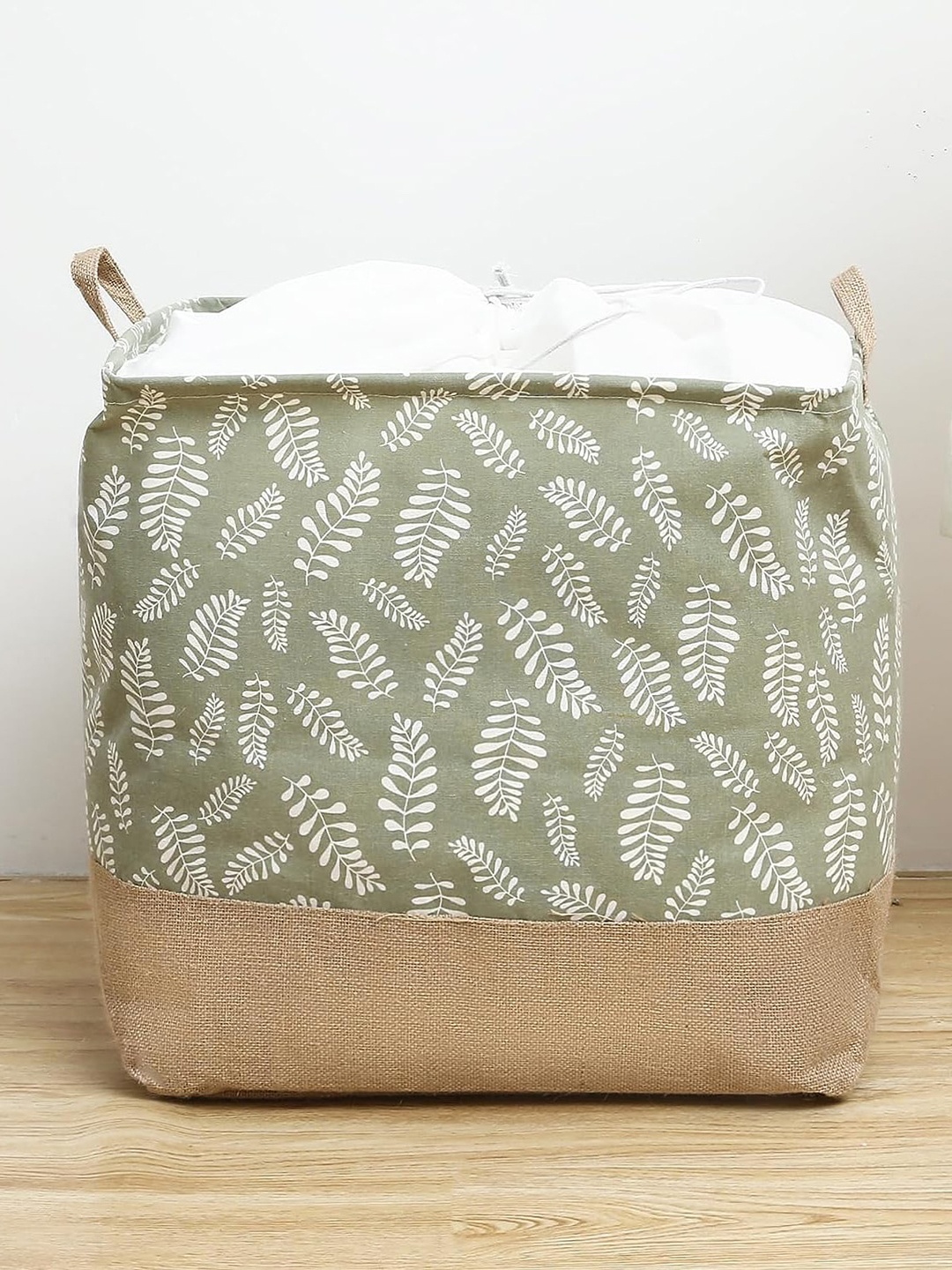 

HOUSE OF QUIRK Green & Beige Printed Jute Waterproof Canvas Laundry Storage Baskets