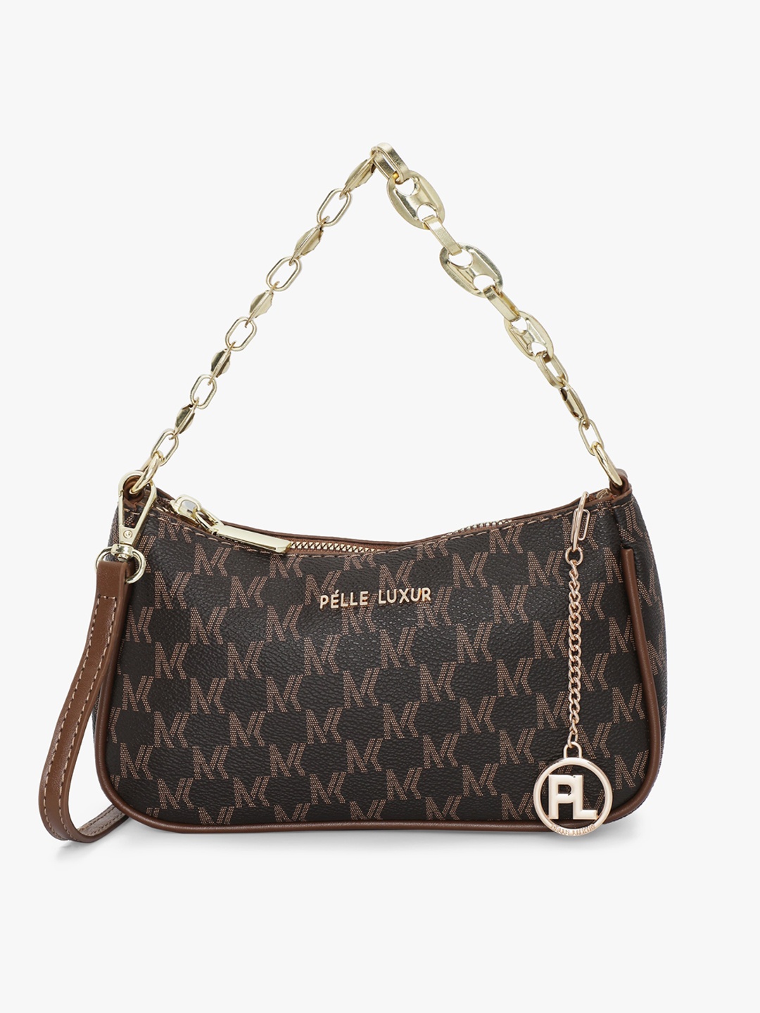 

PELLE LUXUR Brown Typography Printed Half Moon Handheld Bag