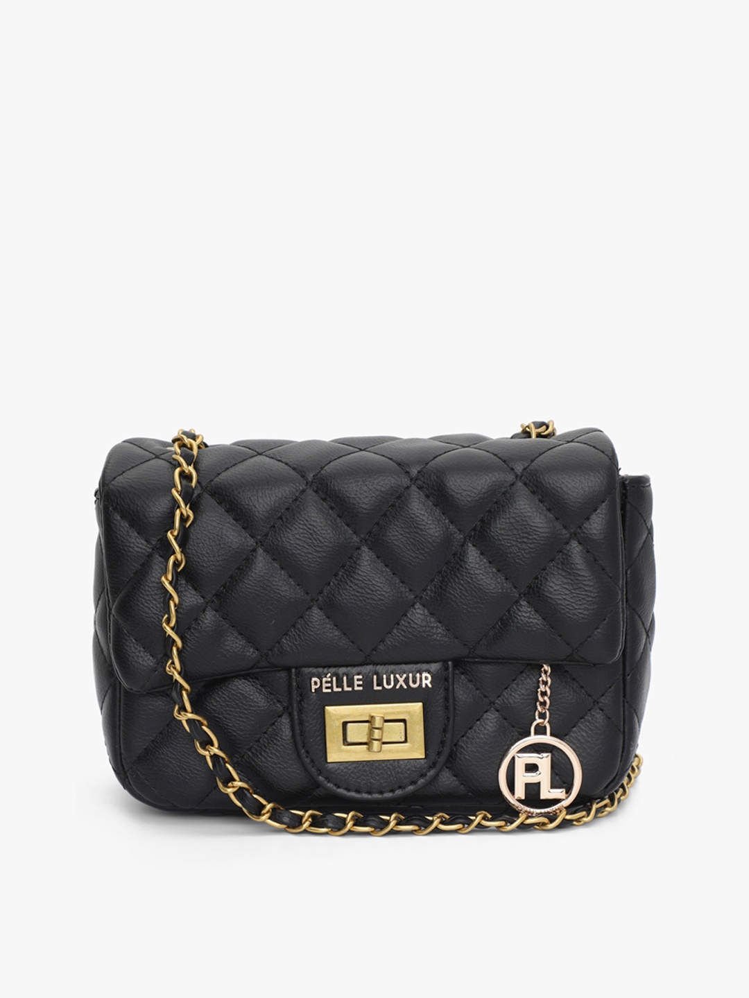 

PELLE LUXUR Textured Quilted PU Structured Sling Bag, Black