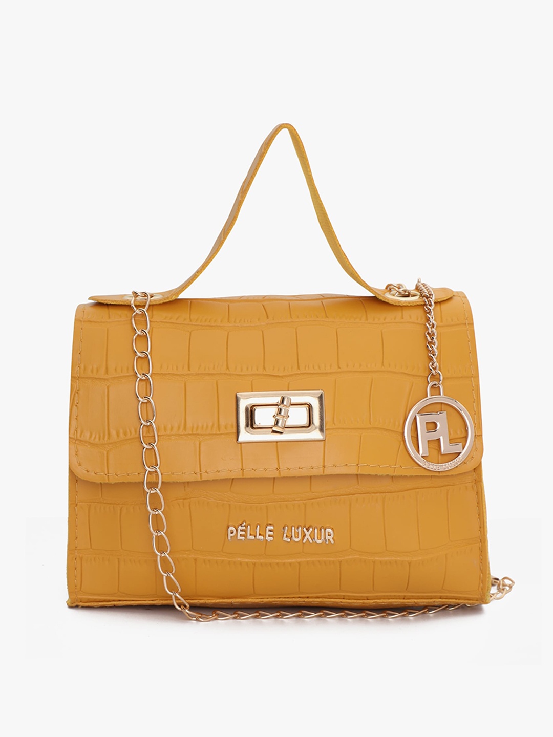 

PELLE LUXUR Textured PU Structured Handheld Bag, Yellow