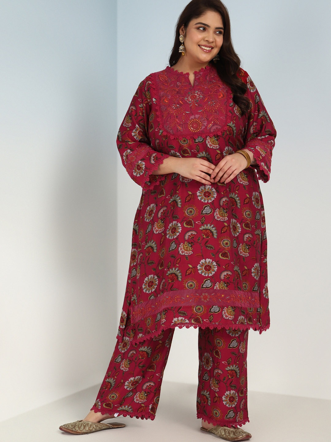 

Lakshita Floral Printed Thread Work Chanderi Cotton Kurta With Trousers, Red