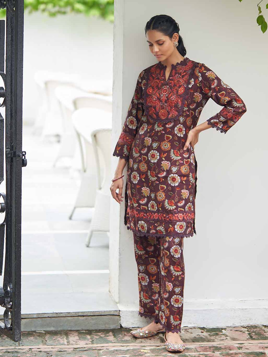 

Lakshita Floral Printed Thread Work Chanderi Cotton Kurta With Trousers, Maroon
