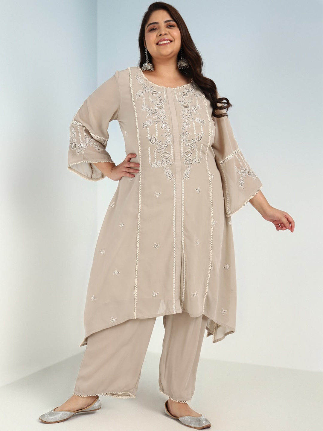 

Lakshita Plus Size Floral Embroidered Sequinned A-line Kurta With Trousers, Beige