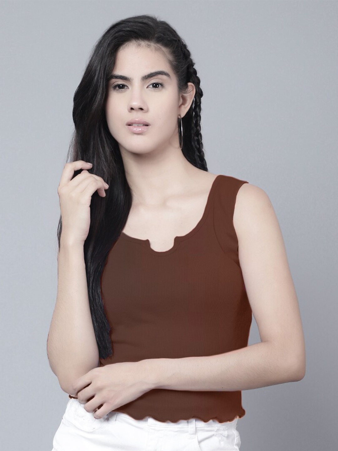 

Boleem Round Neck Shoulder Straps Cotton Fitted Crop Top, Brown
