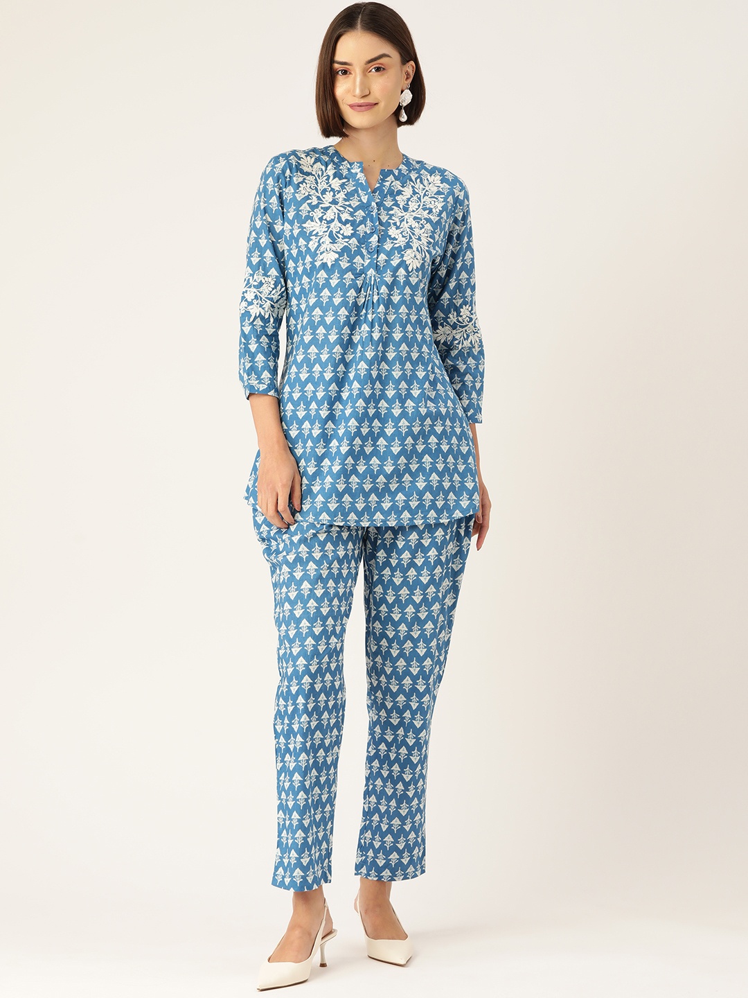 

MISRI Women Embroidered Cotton Tunic with Trousers, Blue