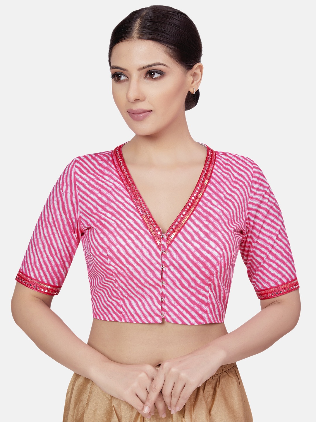 

Studio Shringaar Printed Mirror Work Pure Cotton Saree Blouse, Pink