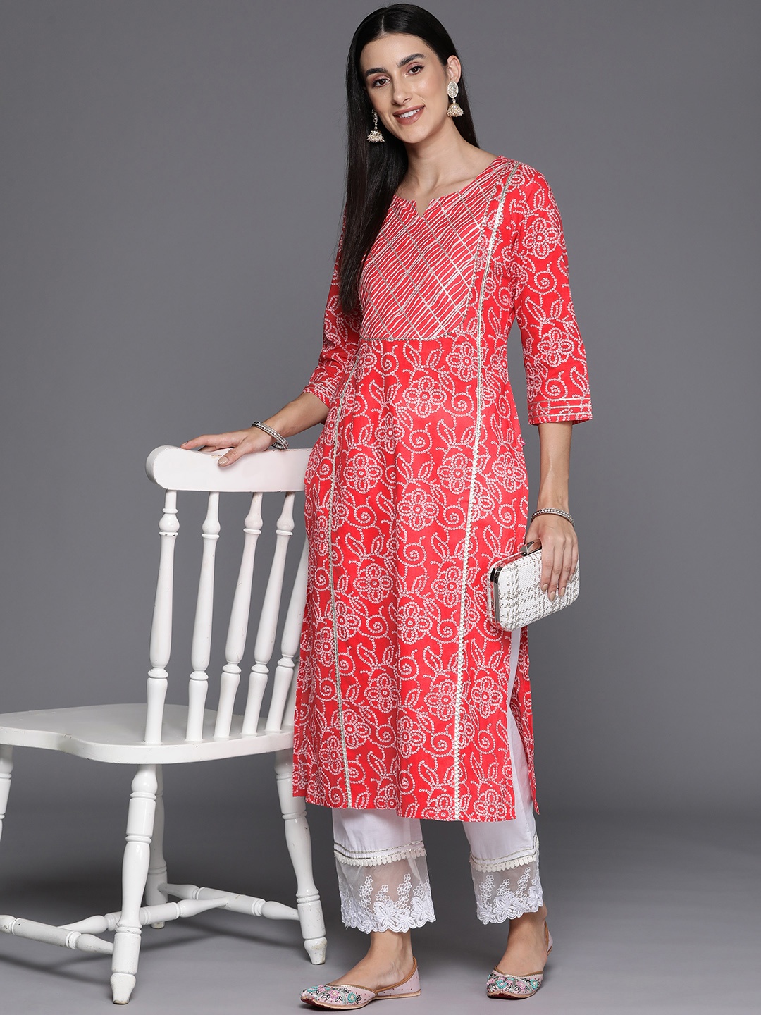 

Varanga Women Bandhani Printed Gotta Patti Cotton Kurta, Coral
