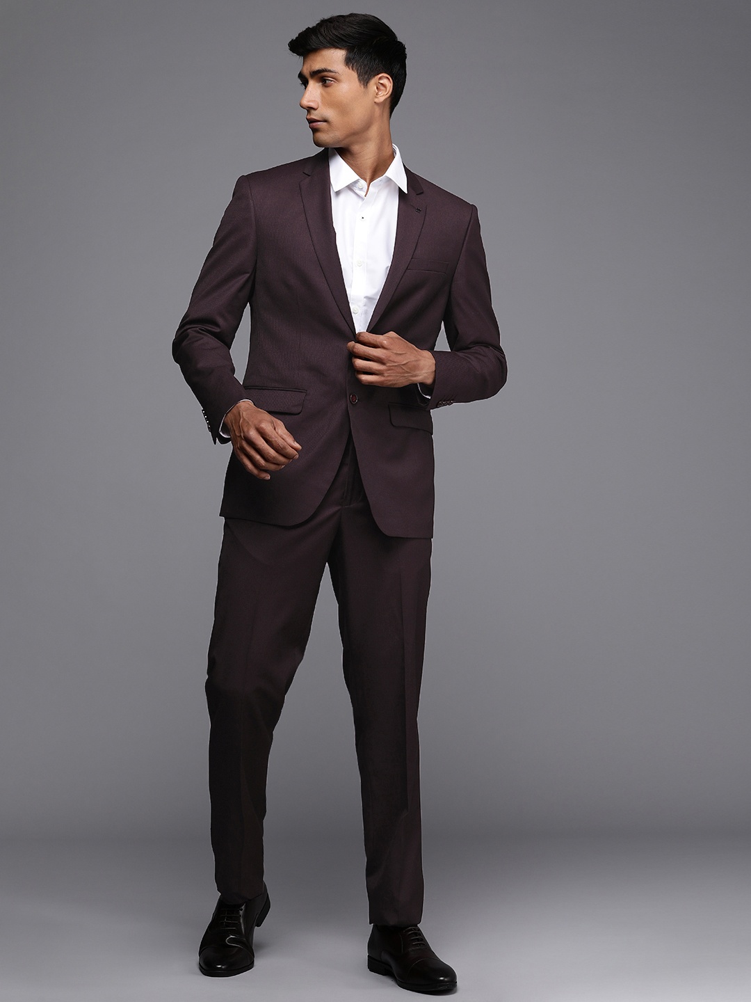 

Louis Philippe Self Design Slim-Fit Single-Breasted Two-Piece Formal Suit, Maroon