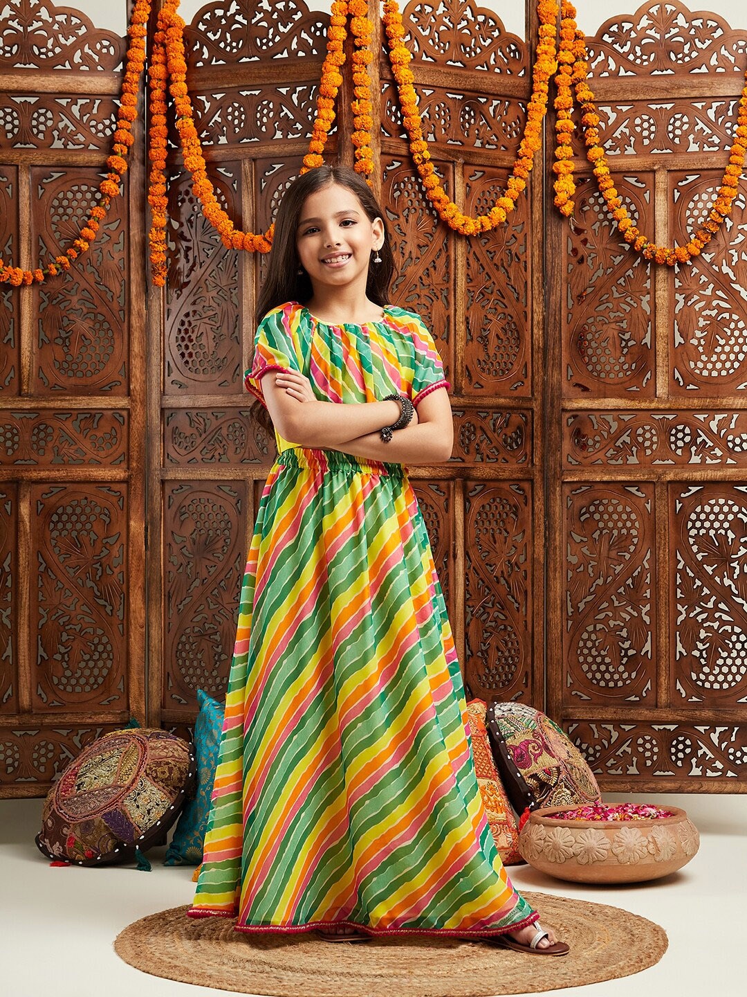 pspeaches Girls Printed Cap Sleeves Ready to Wear Lehenga & Blouse With Dupatta, Yellow