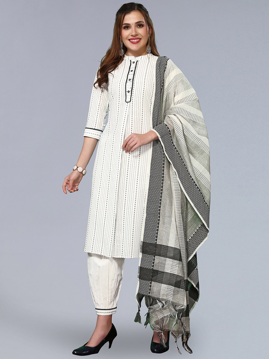 

KALINI Striped Kurta with Harem Pants & With Dupatta, White