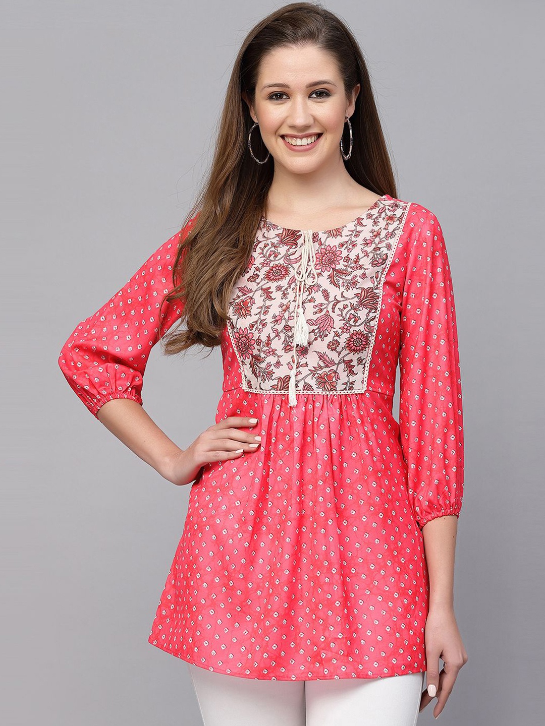 

KALINI Bandhani Printed A Line Kurti, Pink