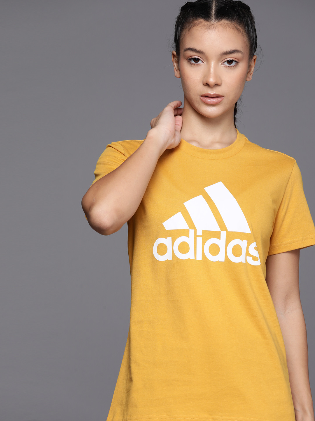 

ADIDAS Women Essential Big Logo Pure Cotton T-shirt, Mustard