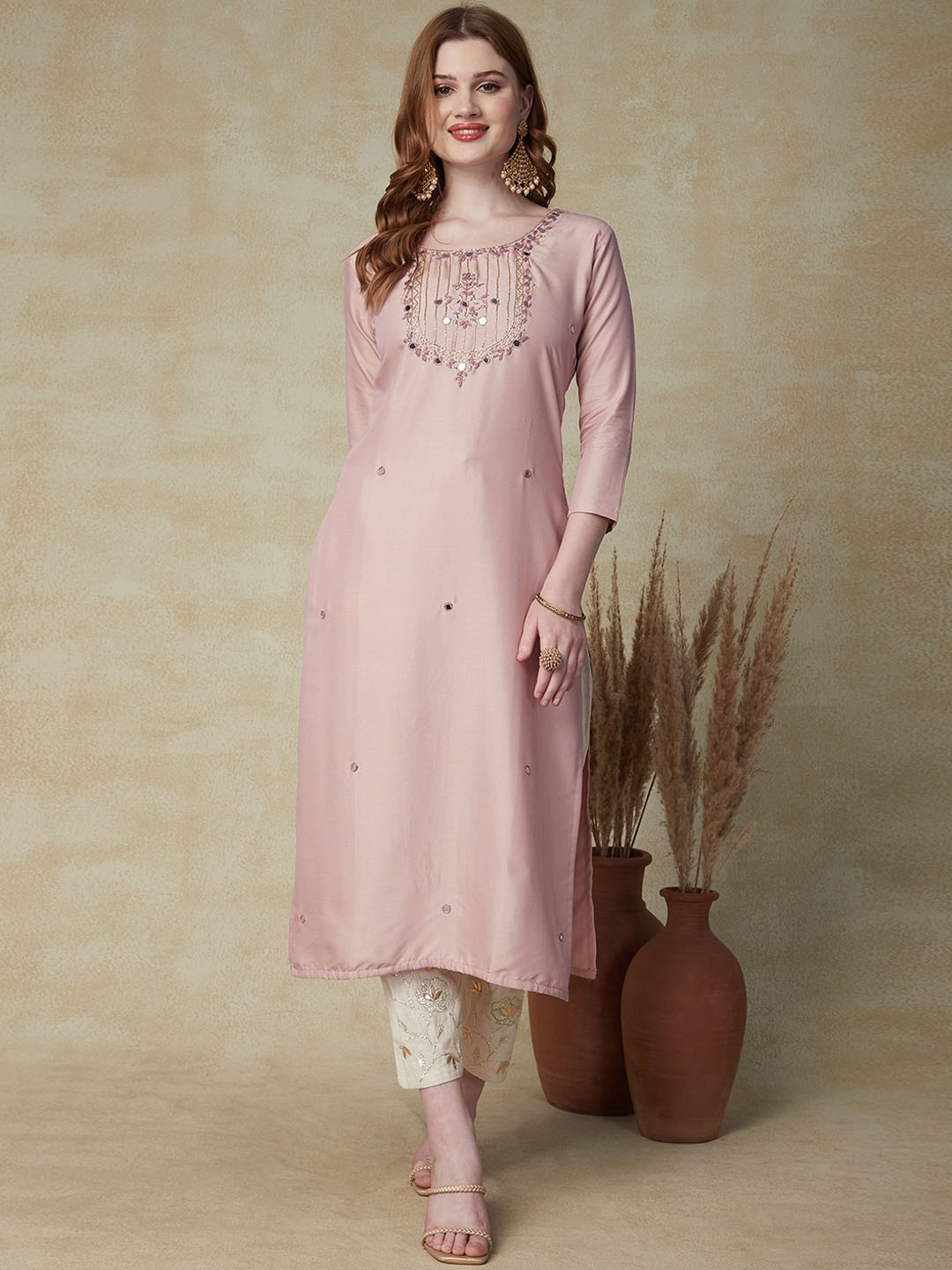 

FASHOR Pink Embellished Mirror Work Detailed Cotton Straight Kurta