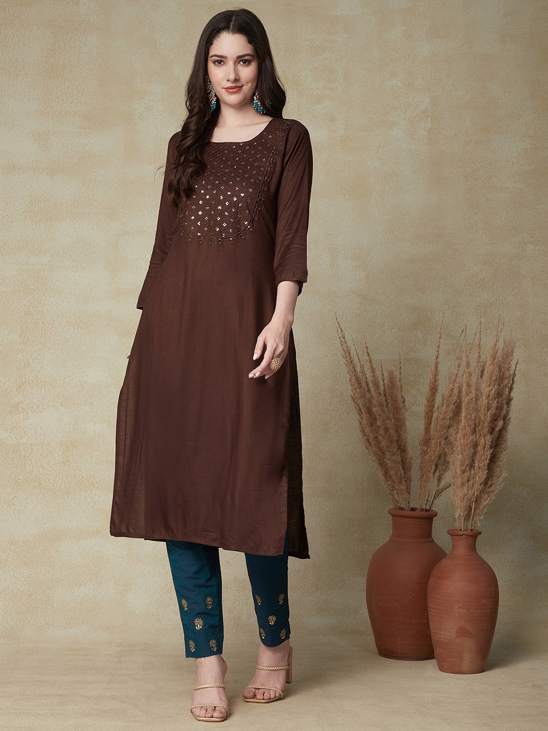 

FASHOR Brown Yoke Design Sequinned Straight Kurta