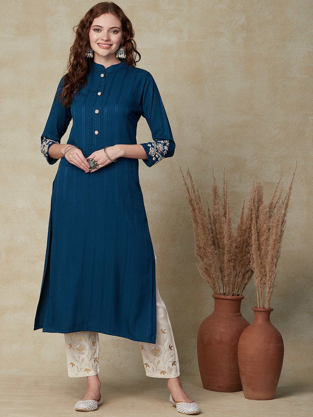 

FASHOR Teal Mandarin Collar Flared Sleeves A-Line Kurta