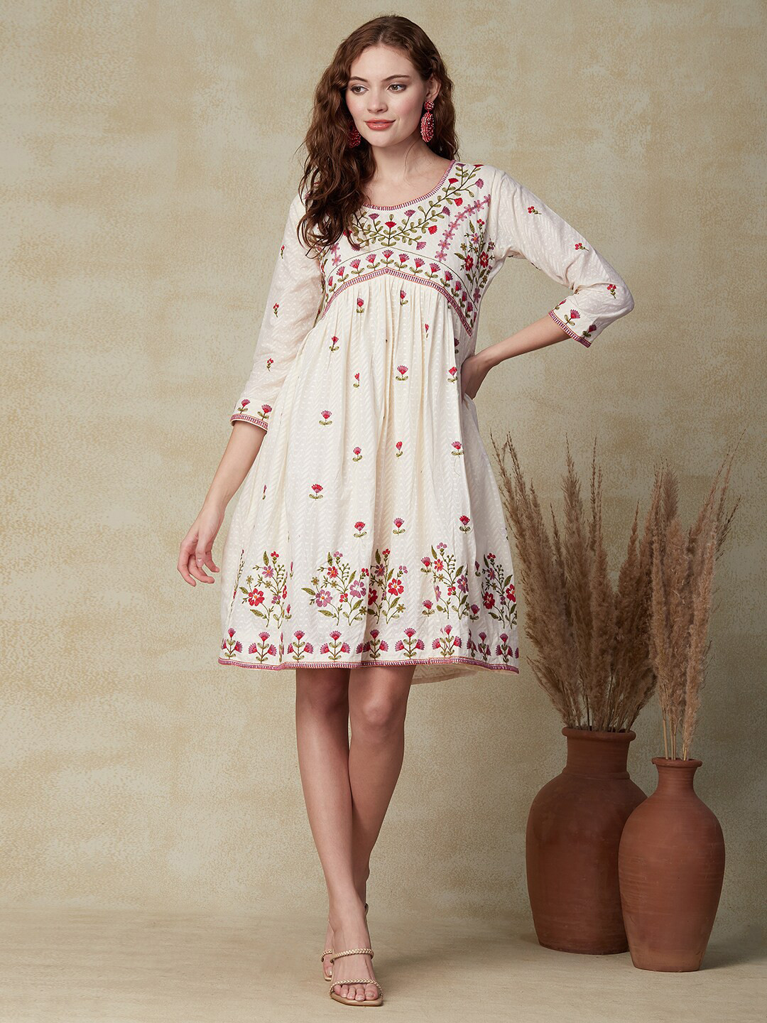 

FASHOR Floral Embroidered Gathered Cotton Empire Dress, Off white