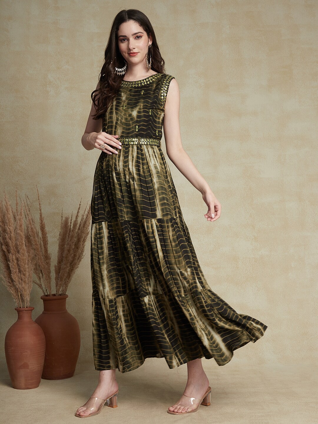 

FASHOR Olive Green Tie & Dye Printed Embroidered Detailed Maxi Ethnic Dress