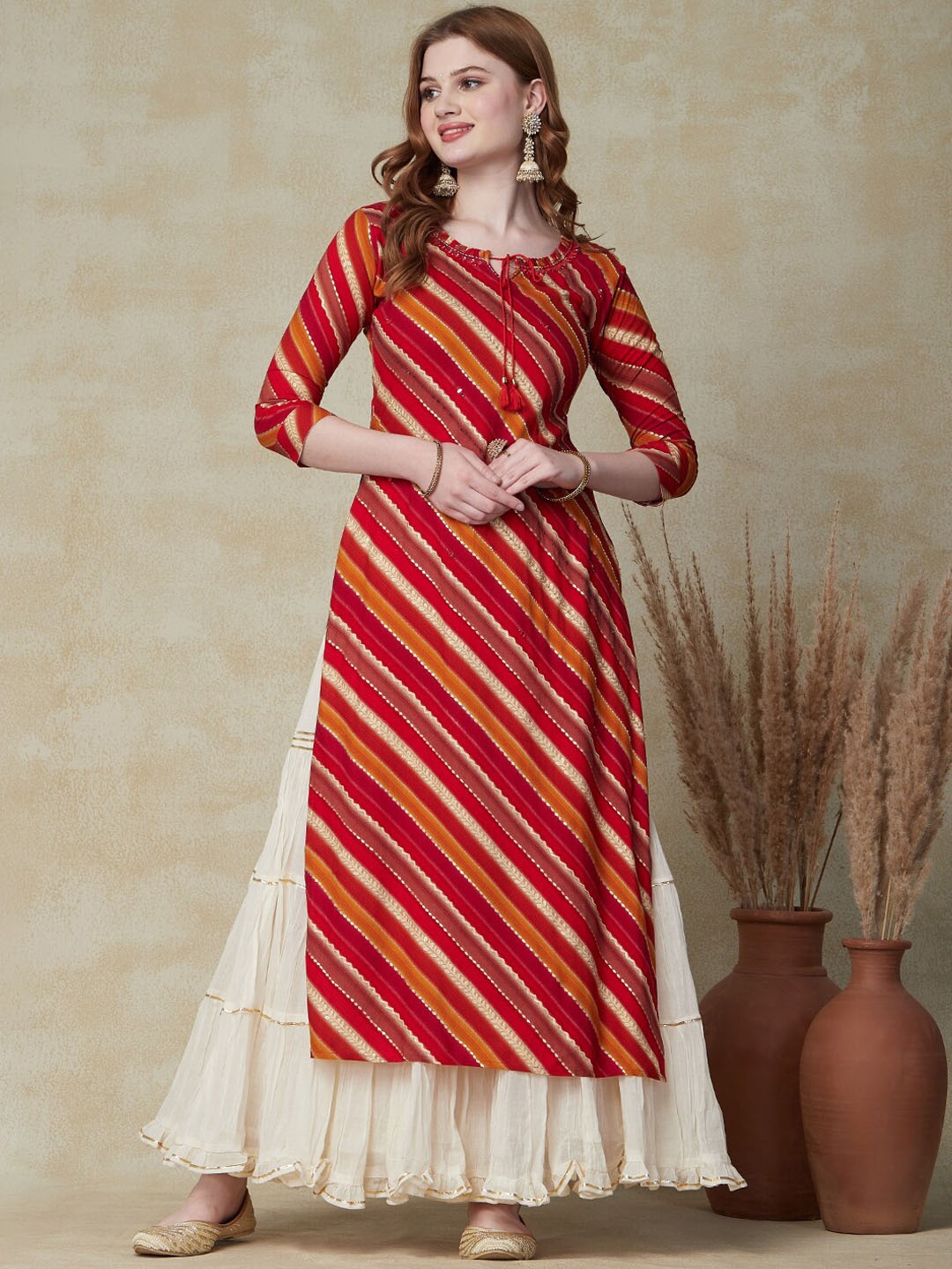 

FASHOR Red Leheriya Striped Straight Kurta
