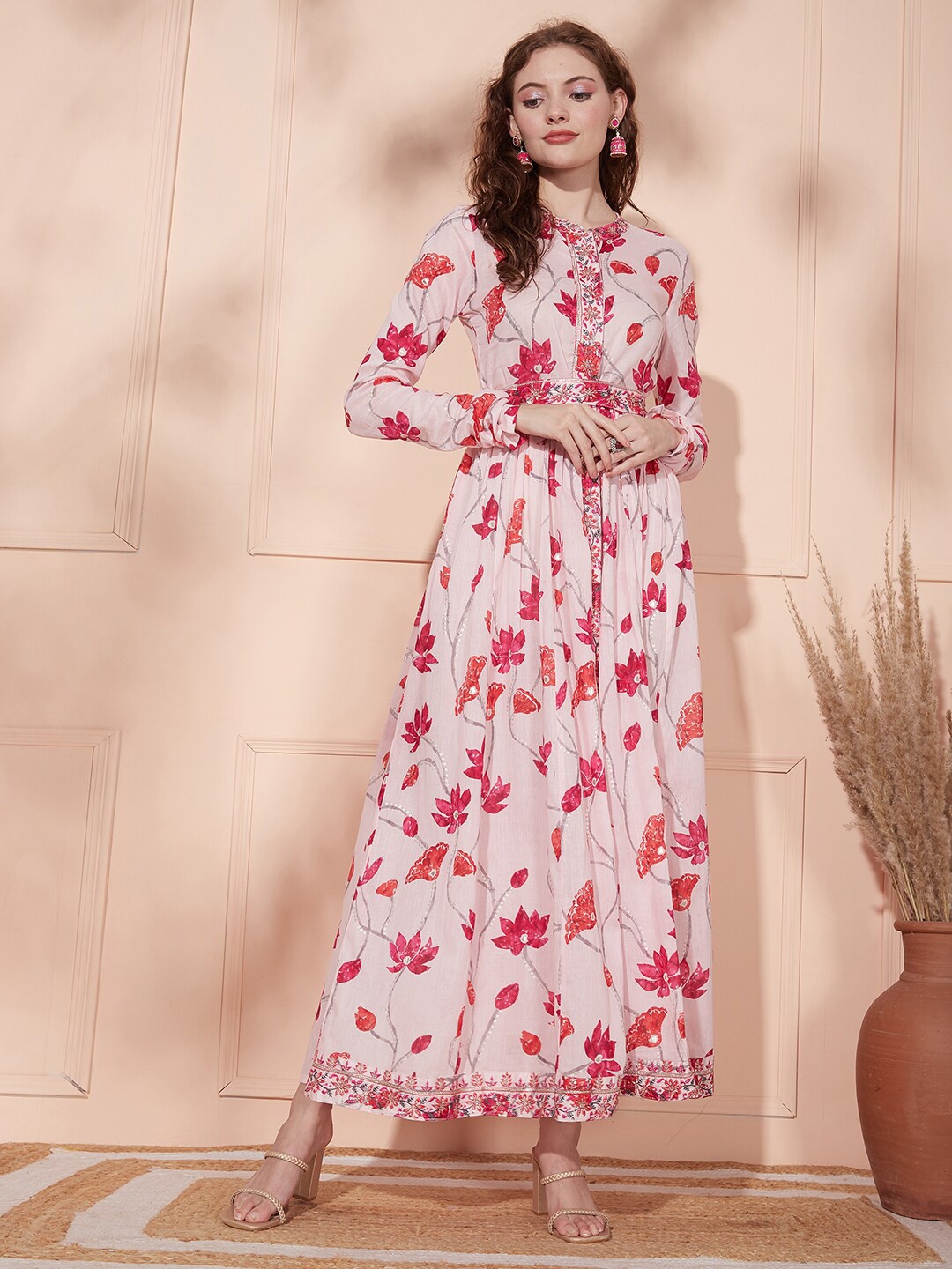 

FASHOR Pink Floral Printed Mandarin Collar Embroidered Detailed Cotton Maxi Ethnic Dress