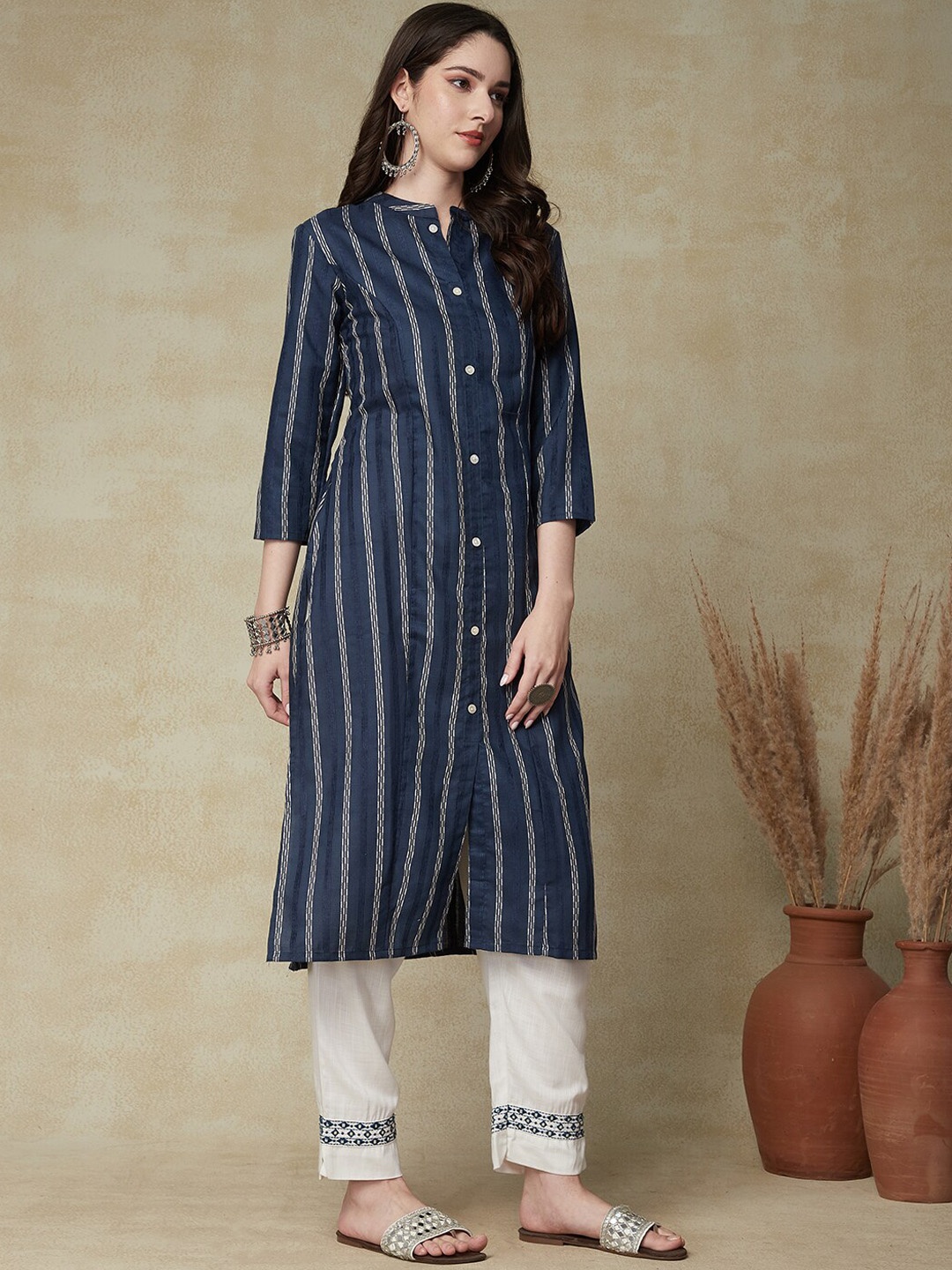 

FASHOR Blue Striped Cotton Straight Kurta