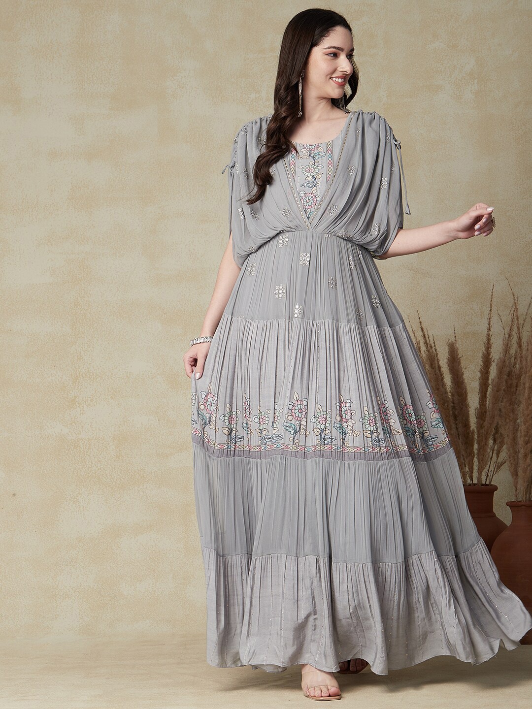 

FASHOR Grey Ethnic Motifs Embroidered Sequinned Detailed Tiered Maxi Ethnic Dress