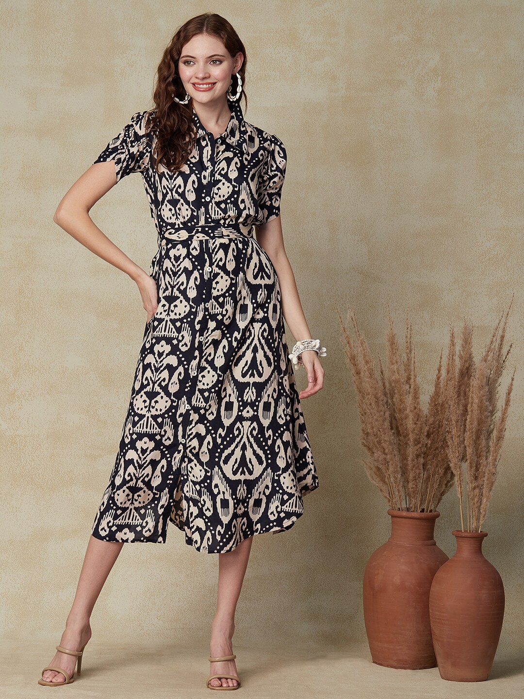 

FASHOR Black Ethnic Motifs Printed Shirt Dress