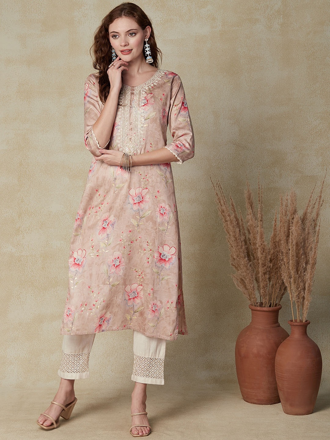 

FASHOR Taupe Floral Embroidered Silk Straight Kurta