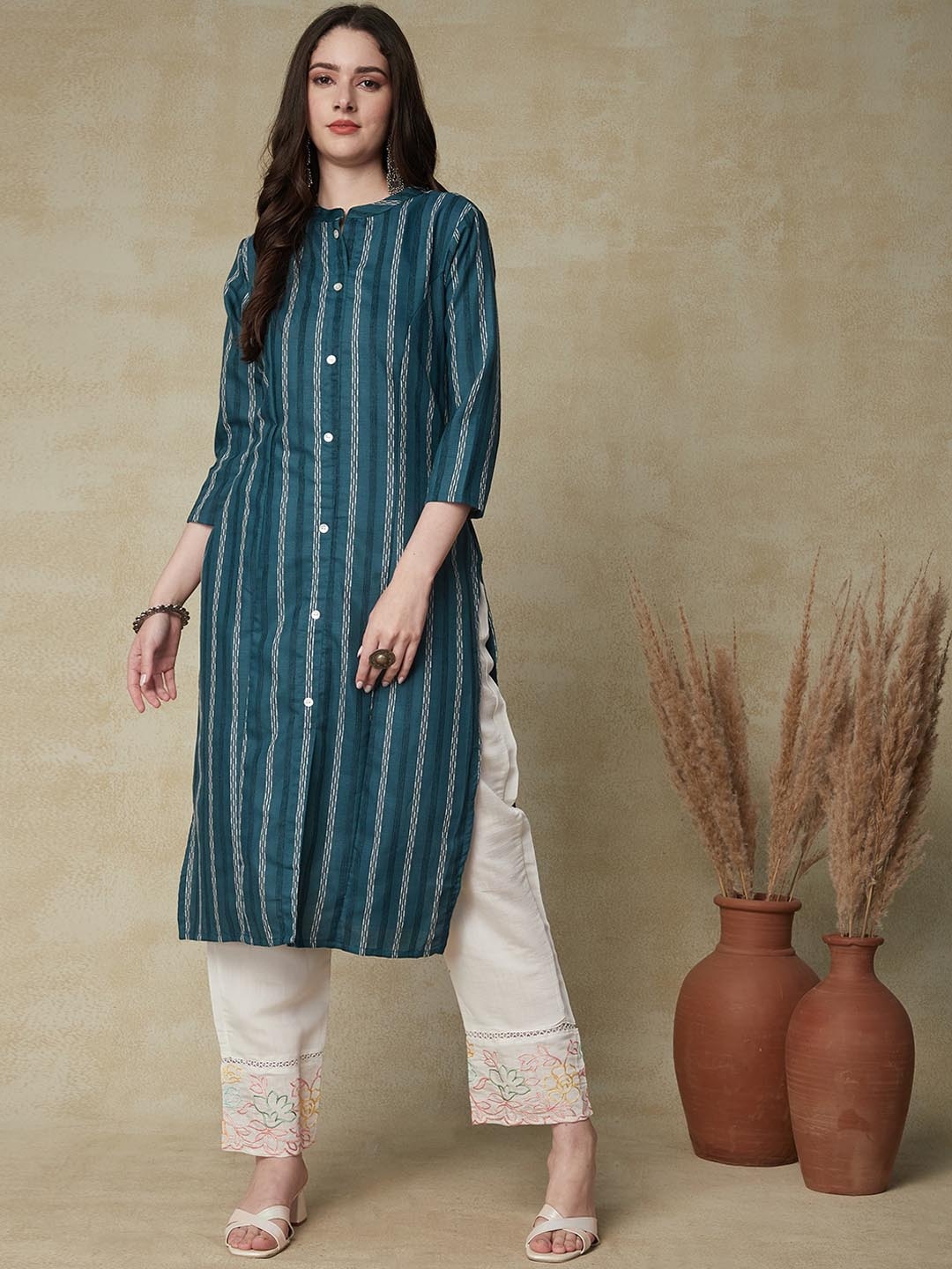 

FASHOR Teal & Silver-Toned Striped Cotton Straight Kurta