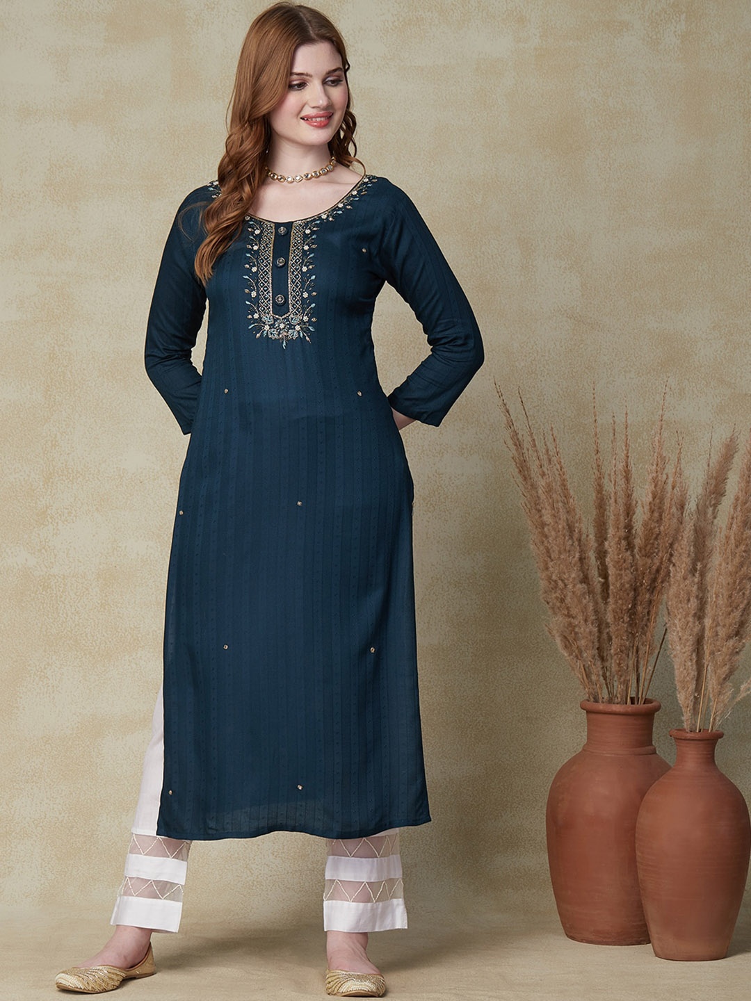

FASHOR Teal Blue Floral Embroidered Beads and Stones Kurta