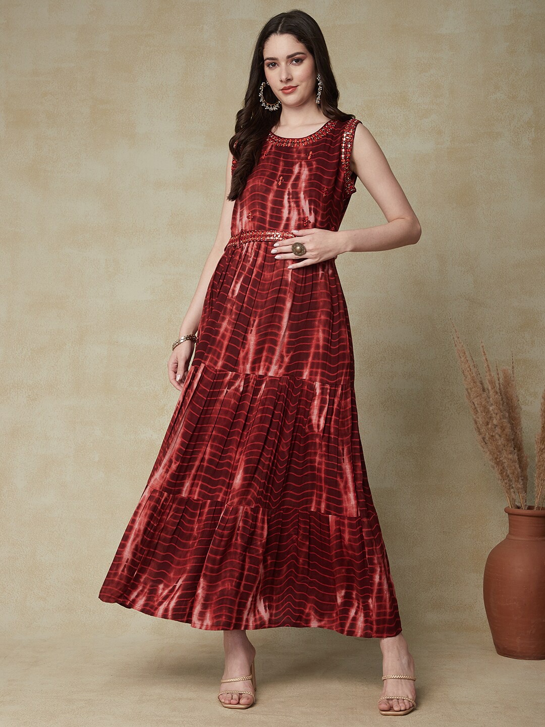 

FASHOR Maroon Tie & Dye Printed Embroidered Detailed Maxi Ethnic Dress