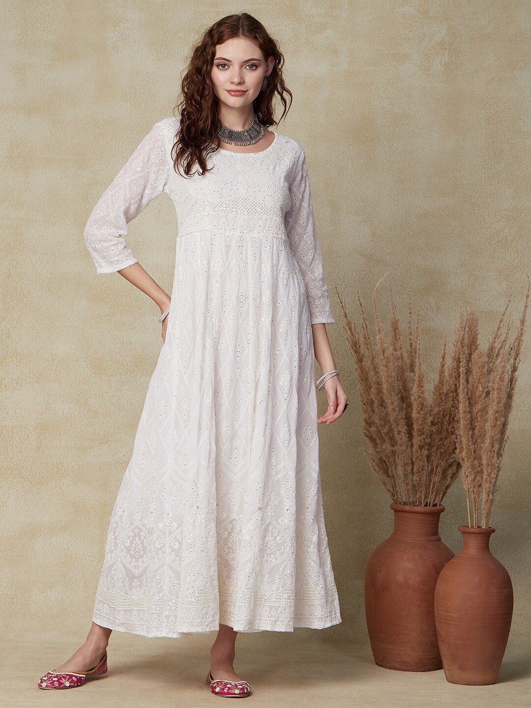 

FASHOR White Ethnic Motifs Embroidered Sequinned Detailed Georgette A-Line Ethnic Dress