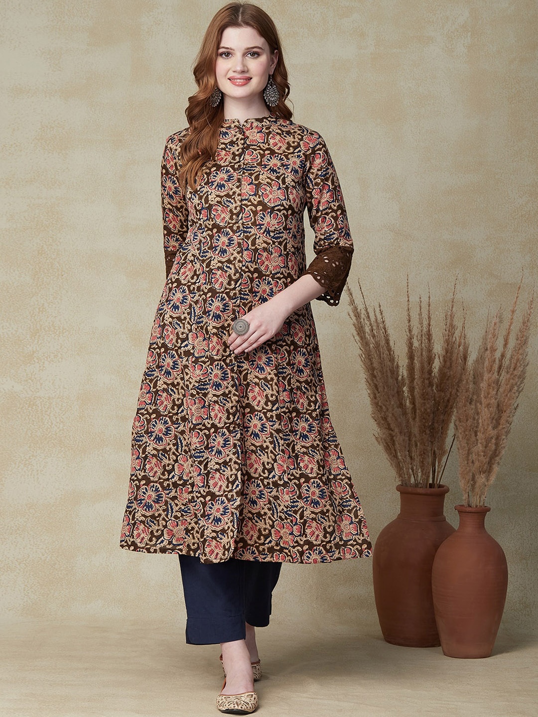 

FASHOR Brown Floral Printed Mandarin Collar Cotton A-Line Kurta