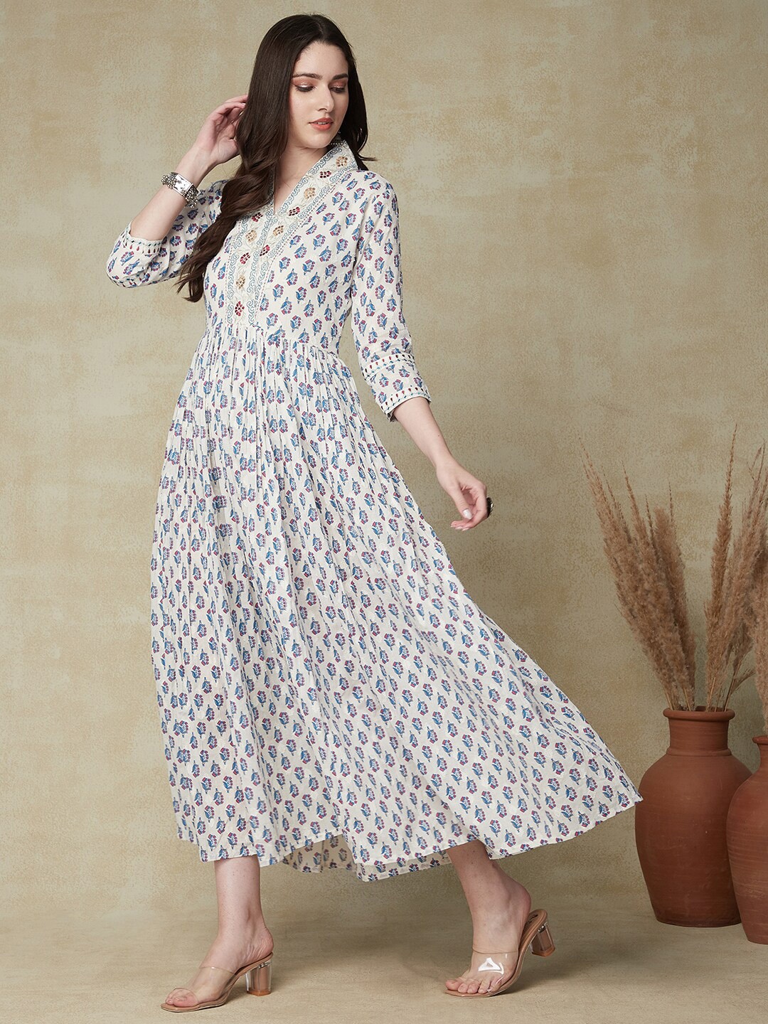 

FASHOR White Floral Printed Embroidered Cotton A-Line Midi Ethnic Dress