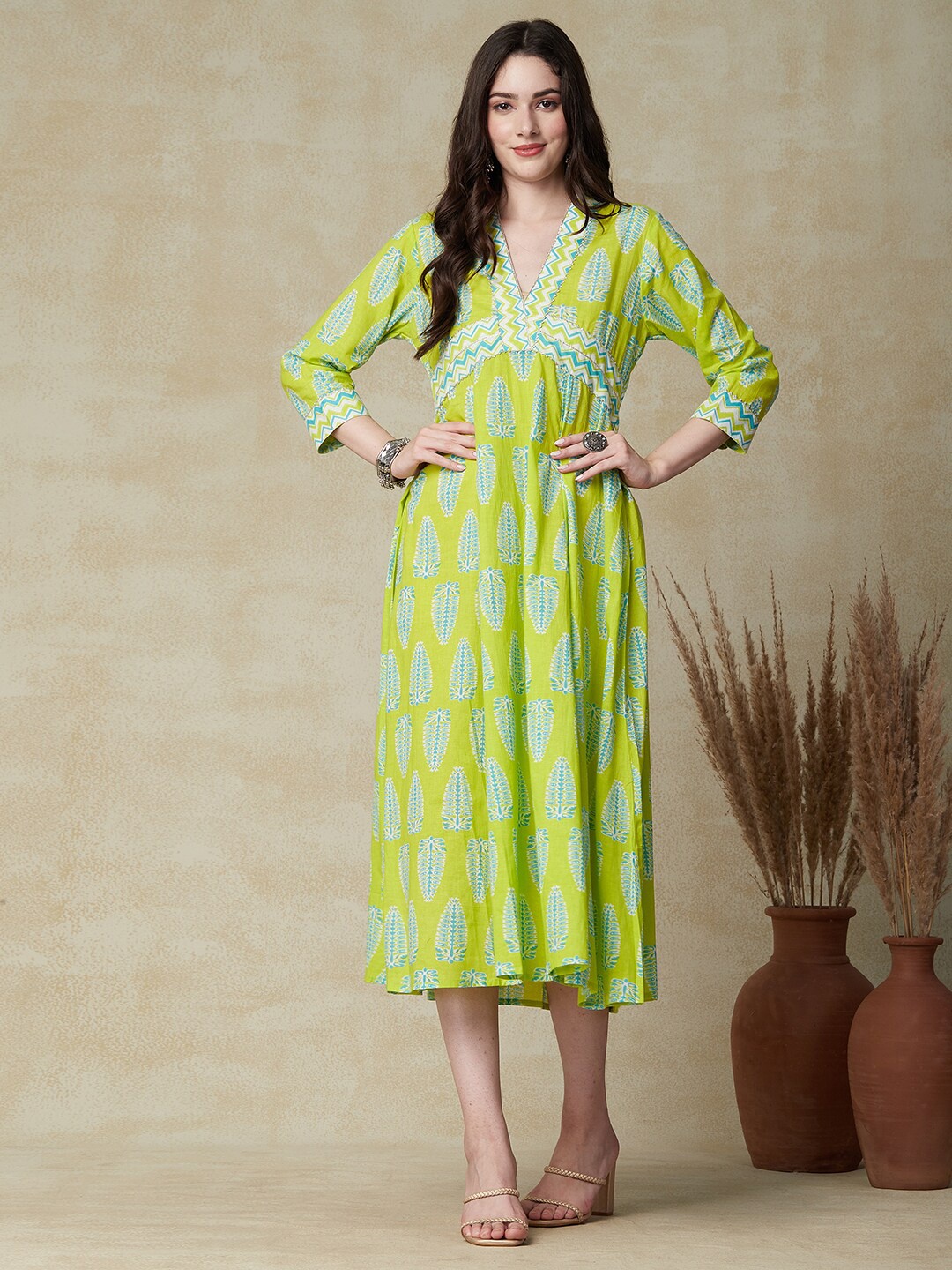 FASHOR Lime Green Ethnic Motifs Printed Cotton A-Line Maxi Ethnic Dress
