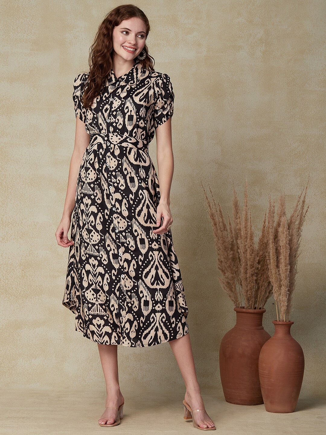 

FASHOR Ethnic Motifs Printed Shirt Midi Dress With Belt, Black
