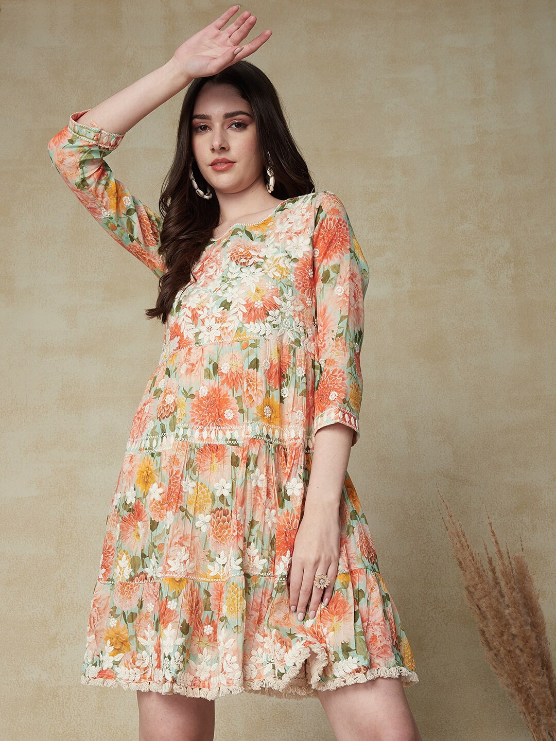 

FASHOR Floral Printed Cotton A-Line Dress, Orange