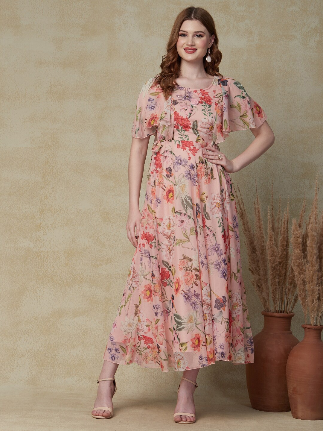 

FASHOR Floral Printed Flared Sleeves Maxi Dress, Peach