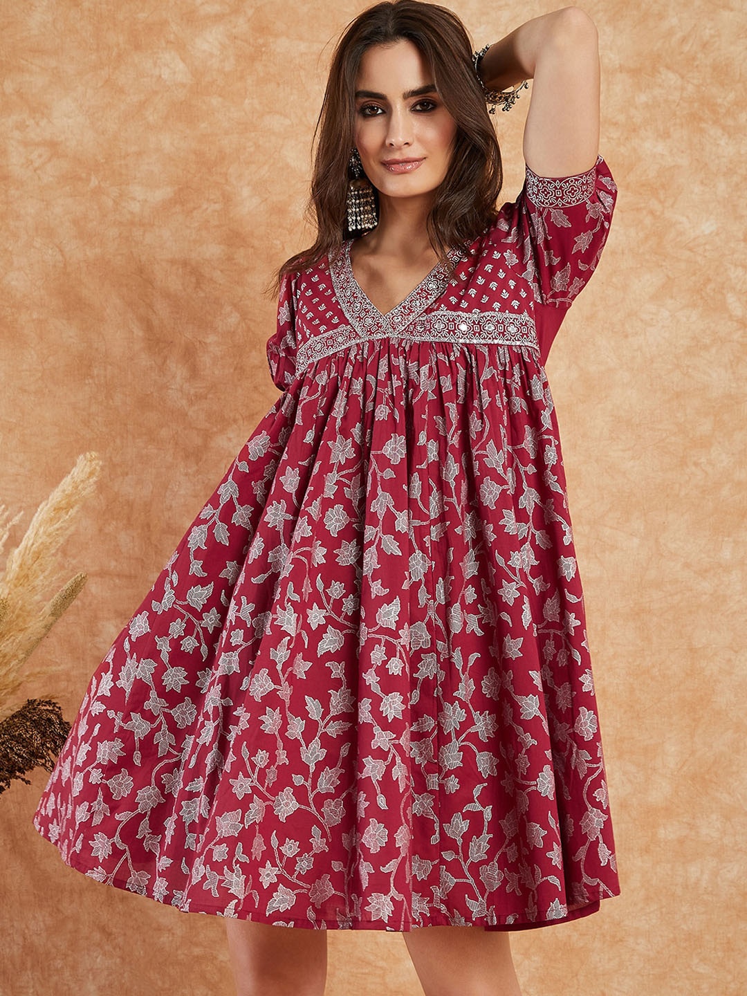 

Sangria Maroon Ethnic Motifs Printed Empire Ethnic Dress