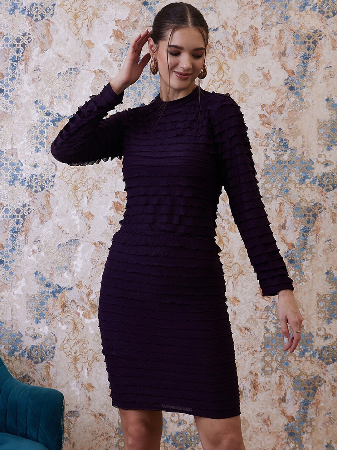 Athena Purple Self Design Ruffle Top With Skirt