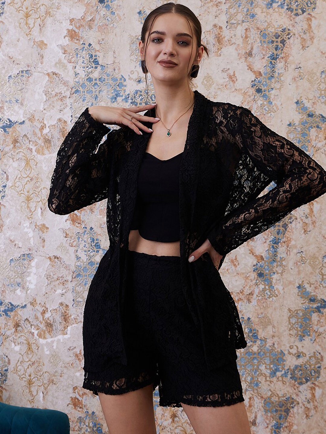 

Athena Black Self Design Top & Shorts With Shrug