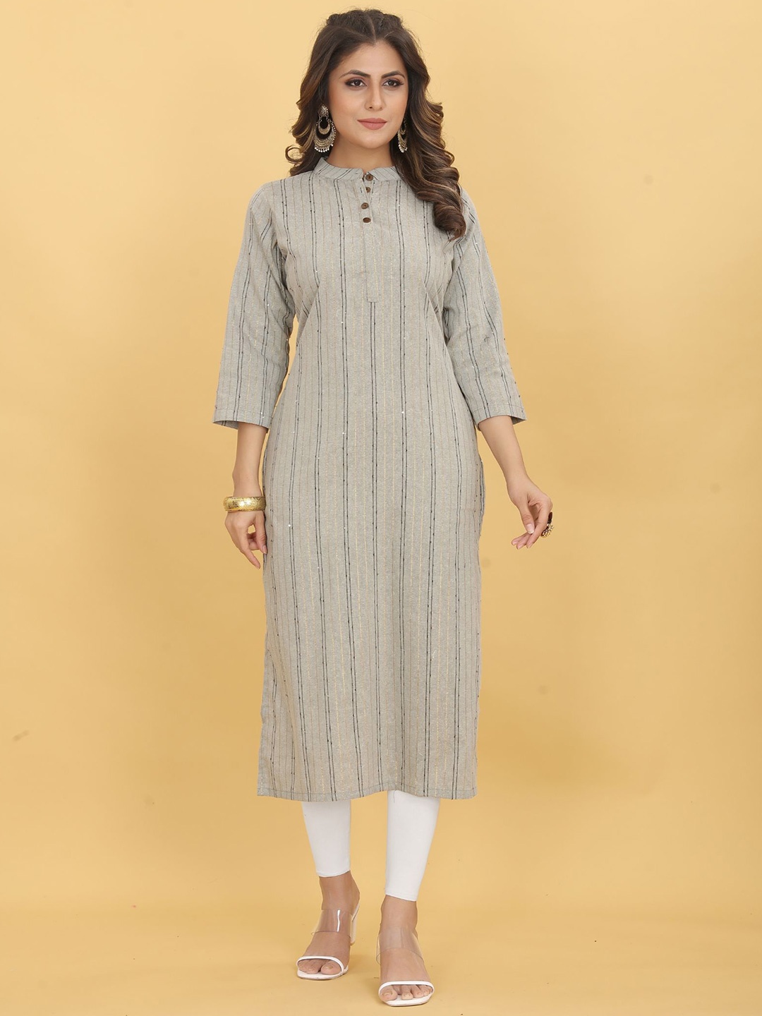 

Ijya Striped Pure Cotton Straight Kurta, Grey