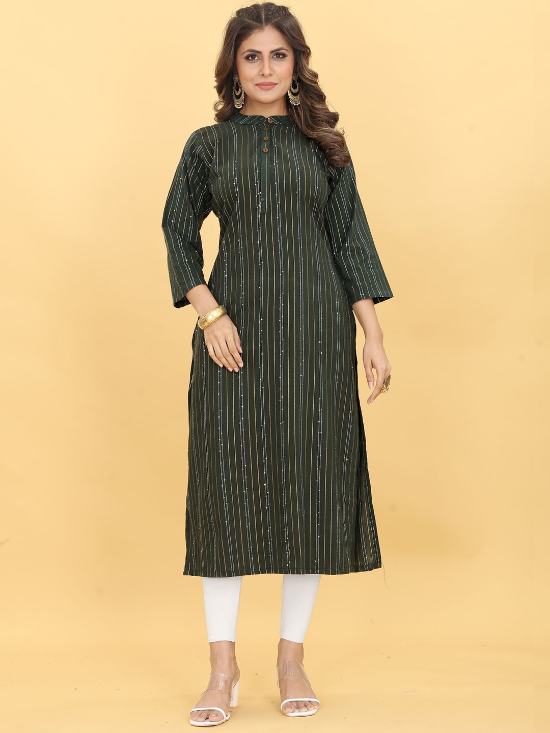 

Ijya Striped Pure Cotton Straight Kurta, Green