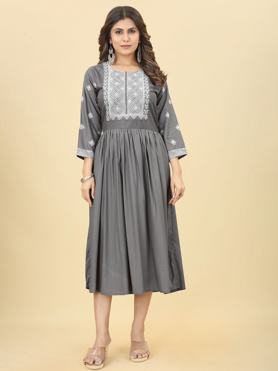 

Ijya Ethnic Motifs Embroidered Tie-Ups Detail Fit and Flare Ethnic Dresses, Grey